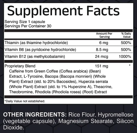 GoldenBrain Supplement Facts panel: one capsule per serving, 30 servings; thiamin 6 mg, vitamin B6 8.5 mg, vitamin B12 24 mcg, and a 151 mg proprietary blend of caffeine from green coffee bean extract, L-tyrosine, bacopa, Huperzia serrata, theacrine, theobromine and rhodiola